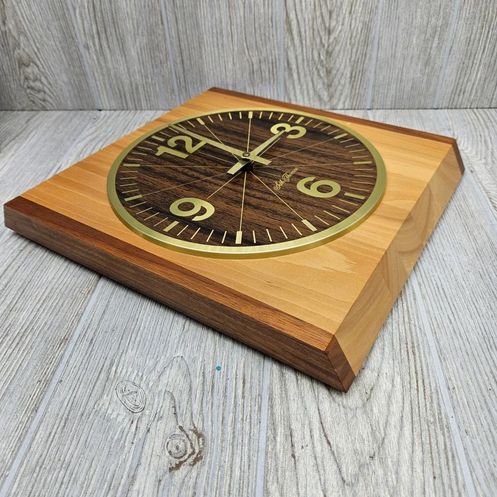 Seth Thomas Satinwood Wall‎ Clock Mid Century Modern Wood Block 2540-000 Vintage